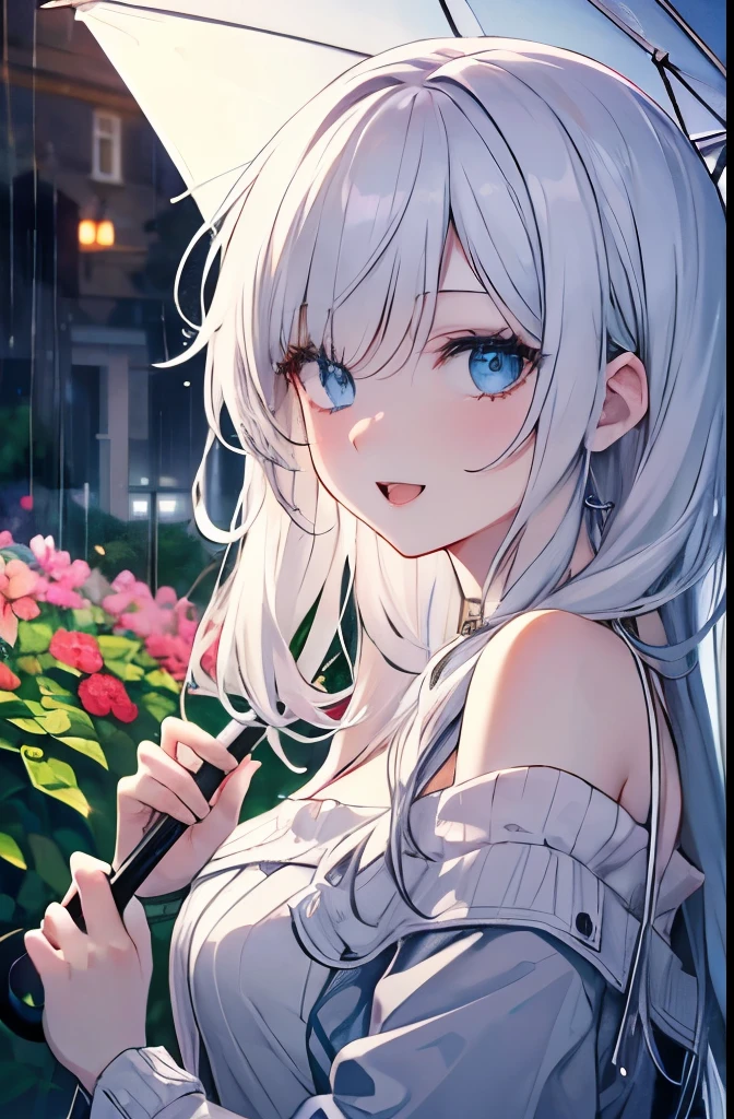 Masutepiece, Highest Quality, (Perfect face:1.1), (high detailing:1.1), (ultradetailed eyes), Dramatic,superfine illustration,Extremely detailed,1girl in,teenager,(pale skin),long white hair,Ethereal eyes,Blue eyes, With eyes highlights,Solo,Smile,Happy,Laugh,Enjoy, Open mouth,Pouty lips,Cinematic lighting, Cowboy Shot,whitedress, off shoulder,outdoor,rainy,garden,umbrella