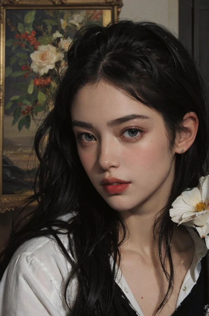 (Oil painting: 1.5),
\\
A woman with long black hair, (a detailed painting: 0.353), (Gothic art: 0.106), hairstyle