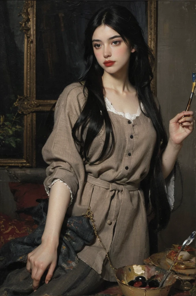 (Oil painting: 1.5),
\\
A woman with long black hair, (a detailed painting: 0.353), (Gothic art: 0.106), hairstyle