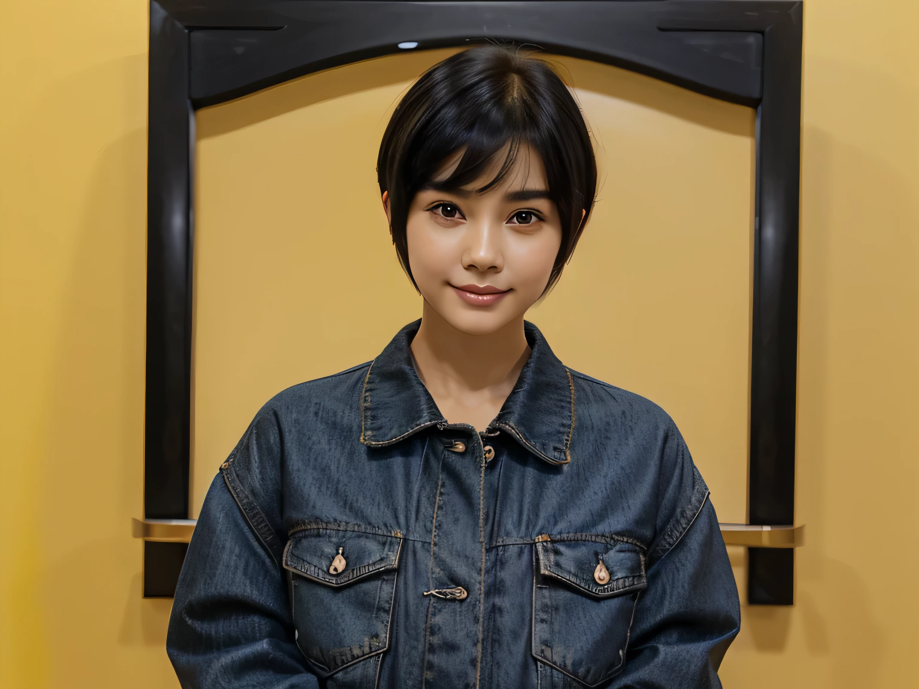 top quality, 1beautiful women, age 28, S, 35mm lens,, cowboy shot, yellow background、black hair color、Folding arms、 blue jacket、straight hair、straight hair、shiny hair,silky hair、ear-to-ear smile,"black hair color"、Pixie Cut,Pixie Cut、Korean style