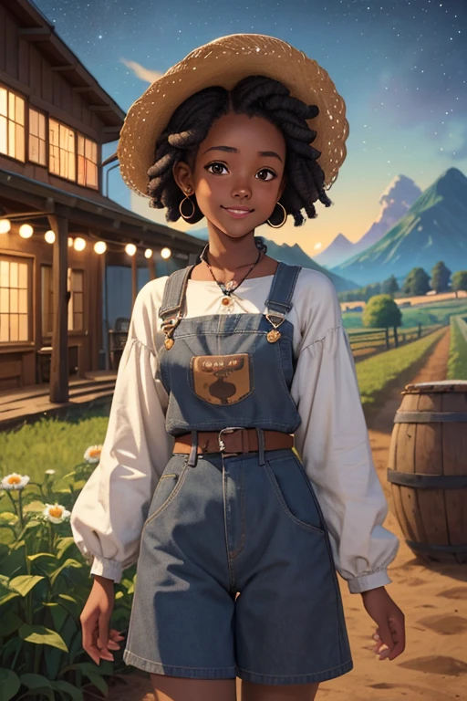 (masterpiece, best quality), deep ebony 1girl, beautiful face, short Afro braids , cute, , beautify, Lofi vibe,, cute night vibe, concentrated, hands outside of the picture, farm setting , dressed like a cowgirl whit, cute look, clothing is dry and baggy, small breasts, teen vibe, cute smile, Stardew Valley inspired,