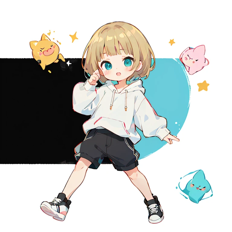 Momoko Sakura style, Kawaii Design, (((Many people々)))、The most beautiful girl of all time、Little, Blonde Hair、Short Mash Hair、The front hair is even、Turquoise Eyes、White hoodie、Black hot pants、Black sneakers、breast enhancement、I puff out my cheeks