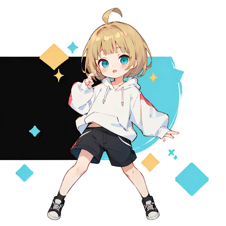 Momoko Sakura style, Kawaii Design, (((Many people々)))、The most beautiful girl of all time、Little, Blonde Hair、Short Mash Hair、The front hair is even、Turquoise Eyes、White hoodie、Black hot pants、Black sneakers、breast enhancement、I puff out my cheeks