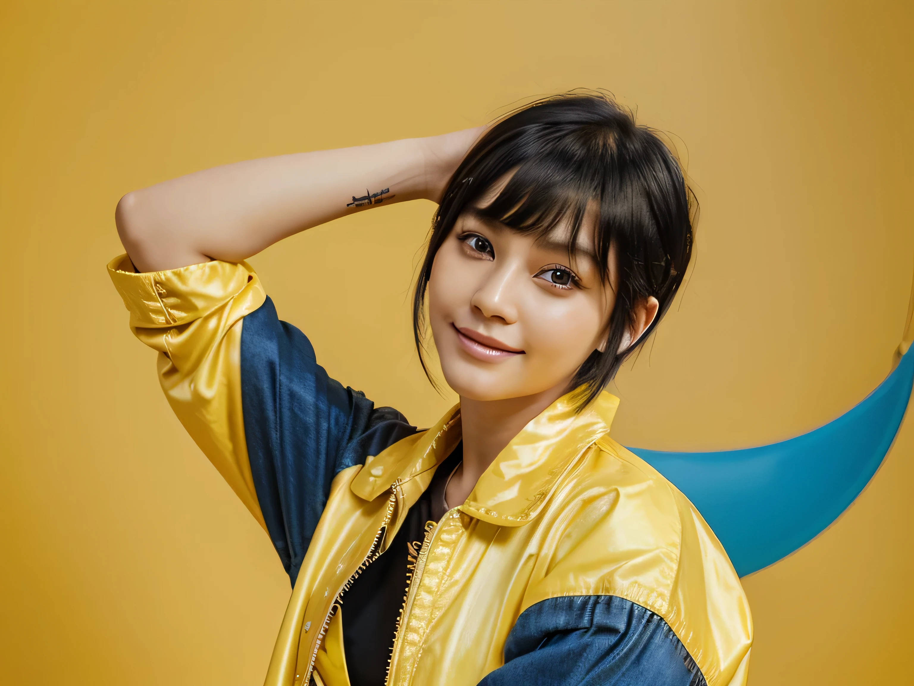 top quality, 1beautiful women, age 28, S, 35mm lens,, cowboy shot, yellow background、black hair color、Folding arms、 blue jacket、straight hair、straight hair、shiny hair,silky hair、ear-to-ear smile,"black hair color"、Pixie Cut,Pixie Cut、Korean style