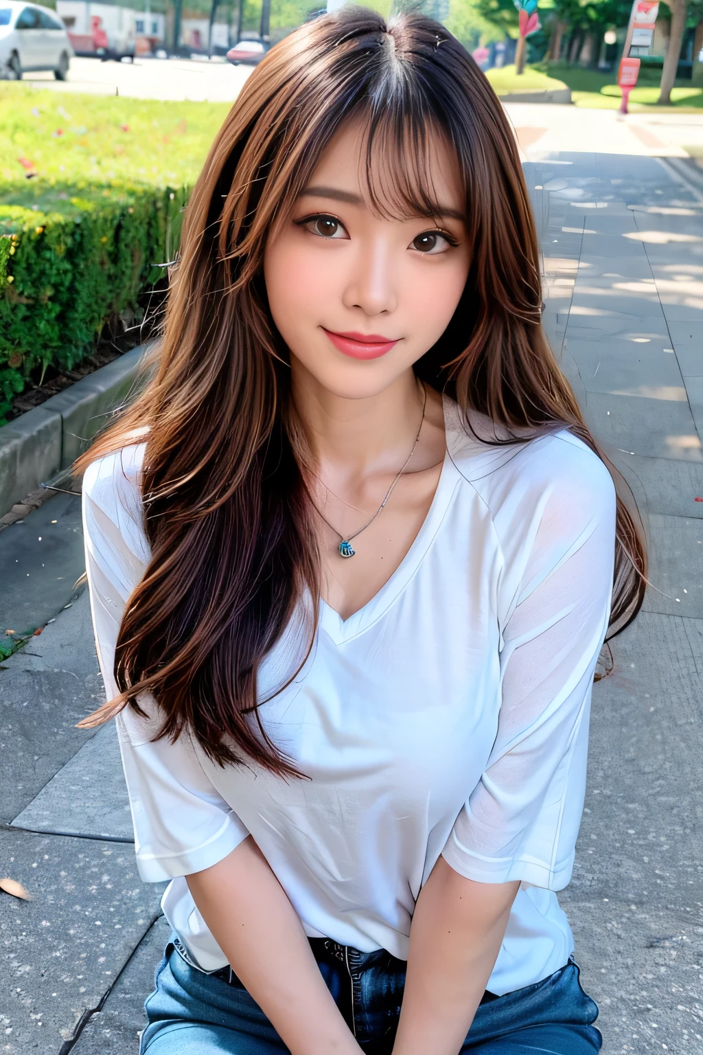 ((Full Body Angle))、((highest quality, 8K, masterpiece: 1.3)), concentrated: 1.2, Cute girl 1,Nipples erect、 Perfect beauty: 1.4,Cut and sewn T-shirt Raglan sleeve summer short sleeve T-shirt.Shorts: 1.2,Long sleeve、Randall Color、comics&Text Graphics、Black ruffle-trimmed drawstring zip blouse,1.1, Highly detailed face and skin textures, Fine grain, double eyelid, whitening skin, ,highest quality,Ultra-high resolution,you,1 girl,alone,_Shiny_skin,Iris,necklace,((Brown_length_Wavy_hair)),(lips)),eyelash,Front hair,deal with,compensate,Shiny,pore,skin texture,Large Breasts、smiling face、Front hair、River side、stroll、