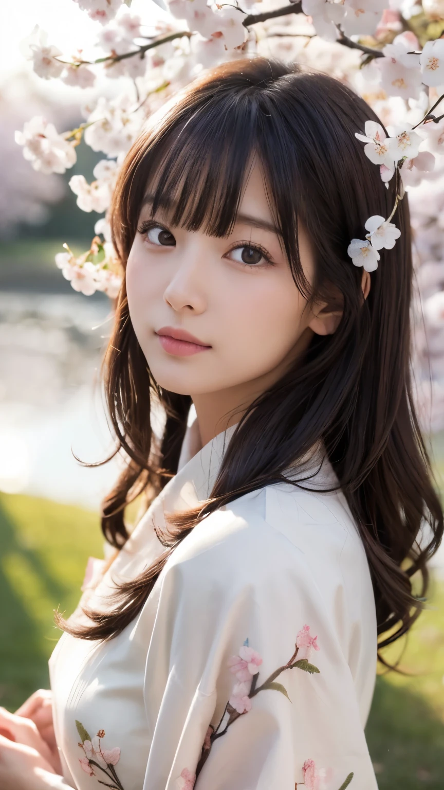 (logo、masterpiece、8k、Tabletop、RAW Photos、wonderful、最high quality、Realistic、Very detailed CG 統合 8k 壁紙、high quality、Very detailed、narrative poem、Particle Effects、Dynamic Effects、Depth of written boundary、Cinematic Light、Lens flare、Ray Tracing)、Fantasy、 (1 beauty、White kimono、Japanese clothing、White cherry blossom pattern、White cherry blossom embroidery pattern、Black-haired、Beautiful Face、True Face、Beautiful details in the eyes、Beautiful Skin)、Hair flutters in Wind、Hair bounces、Pink cherry blossom tree、Petals flutter、SakuraFubuki、wonderful景色、Morning Glow、Sun in the background、Wind、god々、tooth、god話、Vast land、