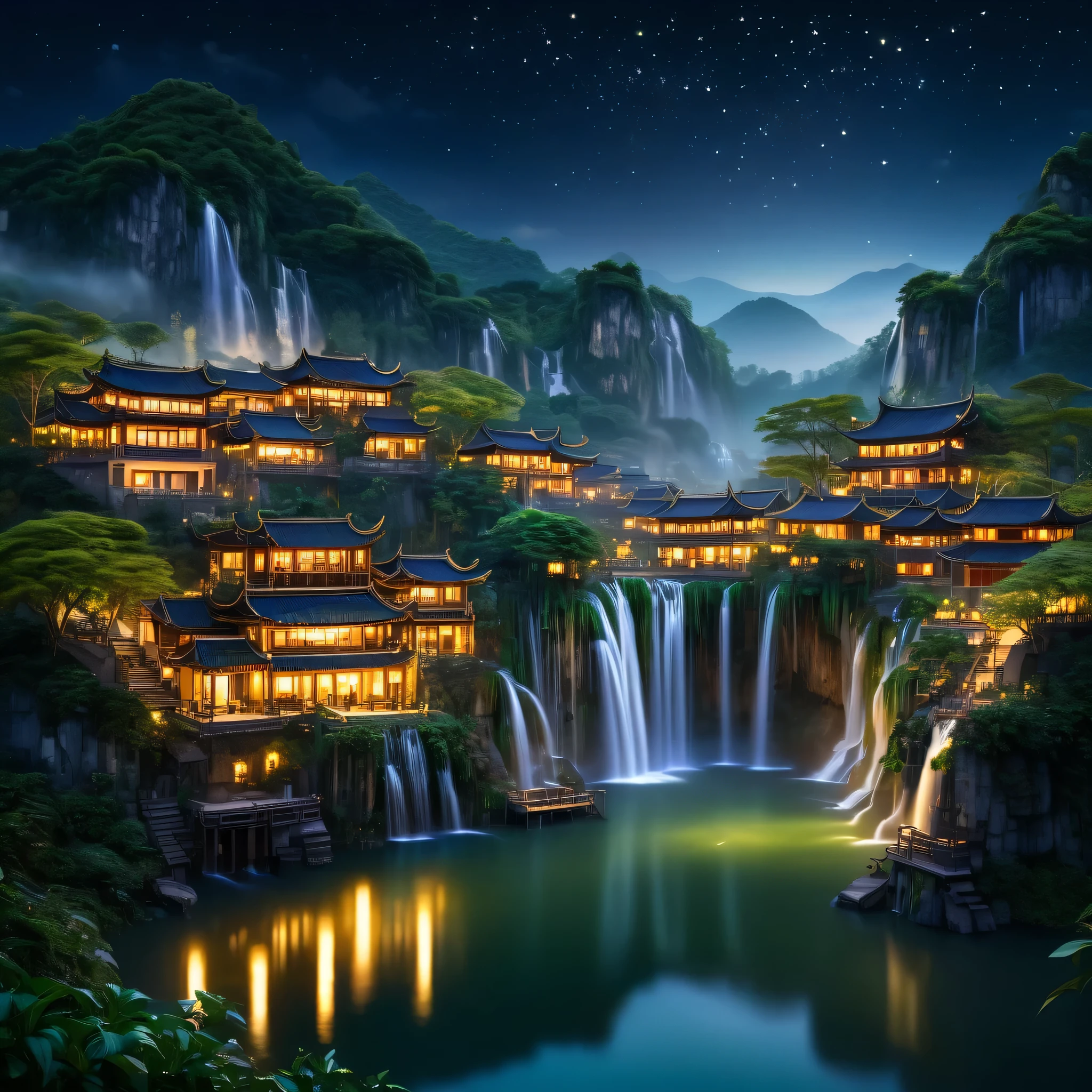 A beautiful night scene of a Chinese village, buildings adorned with golden lights, cascading down a hill. In the foreground, stunning waterfalls flow into a still lake, surrounded by verdant plants. Warm lighting, starry sky, mist around the waterfalls, reflections on the water. High definition, realistic style, detailed architecture
