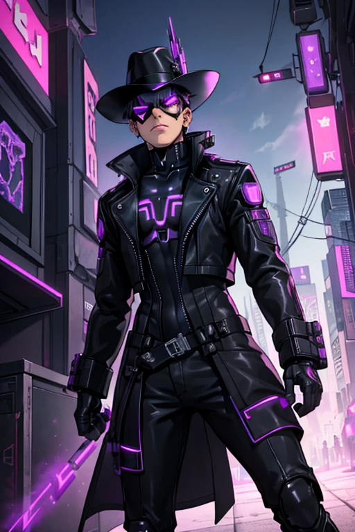 male, purple eyes, black hair, (((1boy))), (((black cyberpunk bodysuit))), (black trench coat), (black wide brimmed hat), (black cybernetic gauntlets), (black cybernetic boots), (black belt), (metal mask), long legs