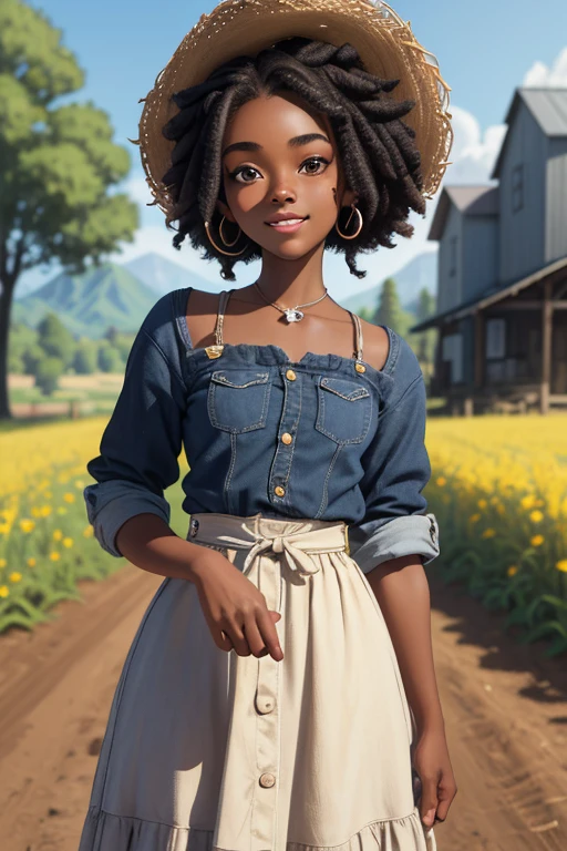 (masterpiece, best quality), deep ebony 1girl, beautiful face, short Afro braids , cute, , beautify, Lofi vibe,, cute night vibe, concentrated, hands outside of the picture, farm setting , dressed like a cowgirl whit, cute look, clothing is dry and baggy, small breasts, vibe, cute smile, Stardew Valley inspired,