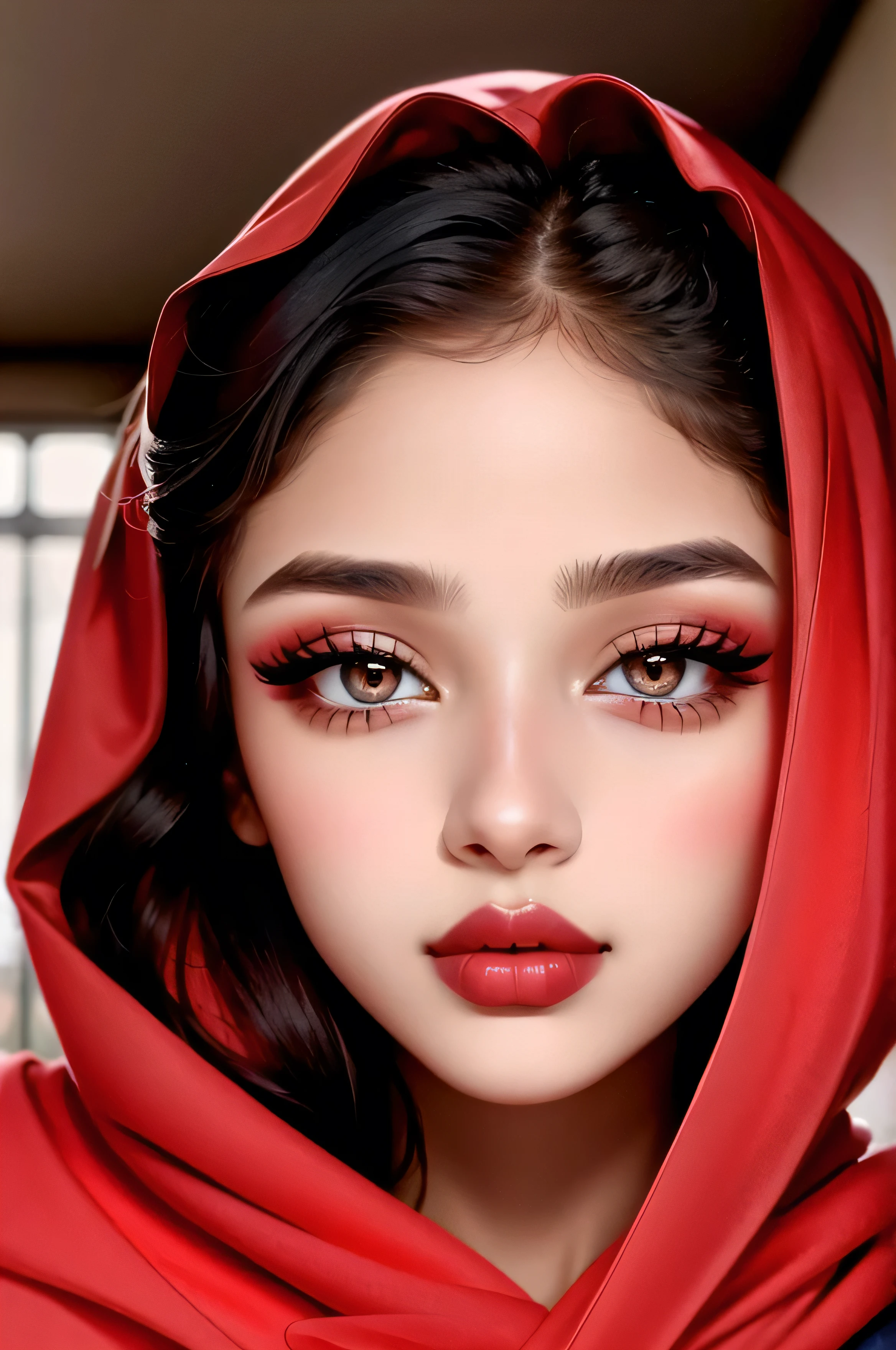 Beautiful girl 1, 18 years old, cute face, smooth skin, eyes lined with kohl, beautiful lips, wearing a red hijab, complex makeup without mistakes. 