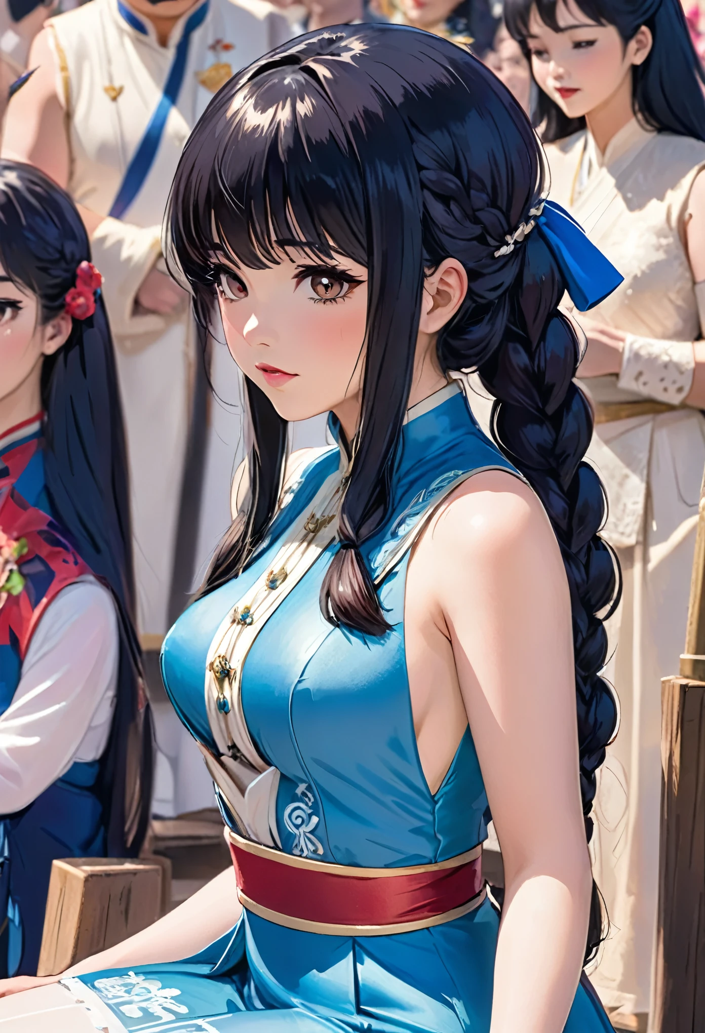 D2C6C6 hair , long raw hair, Wooden hairpin holder , yellow eyes , Bagel body type ,flushing , White skin ,Long eyelashes, Waist thin , busty , black tight top, Blue Cheongsam , Two Katanas , female , solo , skinny body , thin legs , Pianhua , Seoksan