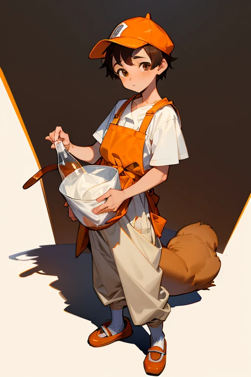 12 year old boy, Brown hair, brown eyes, full body, kangaroo cap, kangaroo apron, white shirt, orange trouser, kangaroo slippers, nurseryboy, milk bottle, diapers, pacifier,