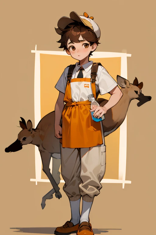 boy, Brown hair, brown eyes, full body, kangaroo cap, kangaroo apron, white shirt, orange trouser, kangaroo slippers, nurseryboy, milk bottle, diapers, pacifier,