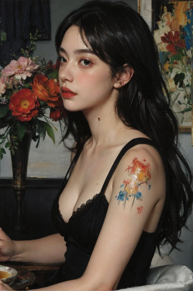 (Oil painting: 1.5),
\\
A woman with long black hair, (a detailed painting: 0.353), (Gothic art: 0.106), slim body