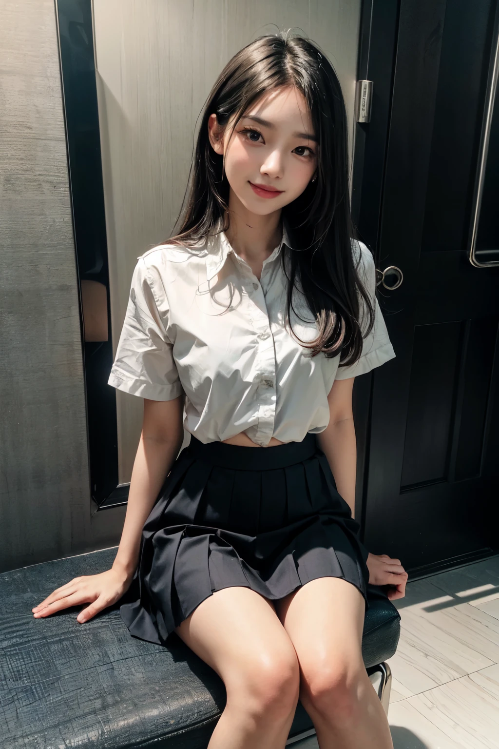 very cute and beautiful girl,(highly detailed beautiful face),
(seductive smile:1.25),blush,looking at viewer,serafuku,pleated navy blue mini skirt,
black hair,sitting on sofa near elevator hall of small hostel,bag on floor,
(best quality,masterpiece),absurdres,highres,ultra-detailed,extremely detailed,32k,8k resolution,
intricate details,cinematic scene,detailed background,solo,dynamic angle,