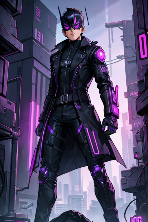 male, purple eyes, black hair, (((1boy))), (((black cyberpunk bodysuit))), (black trench coat), (black wide brimmed hat), (black cybernetic gauntlets), (black cybernetic boots), (black belt), (metal mask), long legs