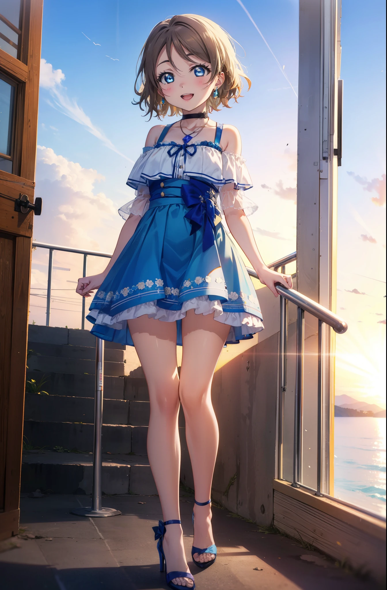 Yo Watanabe, Yu Watanabe, short hair, blue eyes, Brown Hair, smile, happy smile, smile, Open your mouth,Orange hair band,Rocket Pendant,Off-the-shoulder blue dress,Bare neck,Exposing shoulders,bare clavicle,blue long skirt,Cute stiletto heels,evening,sunset,walk,The sun goes down,whole bodyがイラストに入るように,Looking down from above,
break outdoors, Coastal Road,construction area,
break looking at viewer, whole body,
break (masterpiece:1.2), highest quality, High resolution, unity 8k wallpaper, (shape:0.8), (Beautiful details:1.6), Highly detailed face, Perfect lighting, Extremely detailed CG, (Perfect hands, Perfect Anatomy),