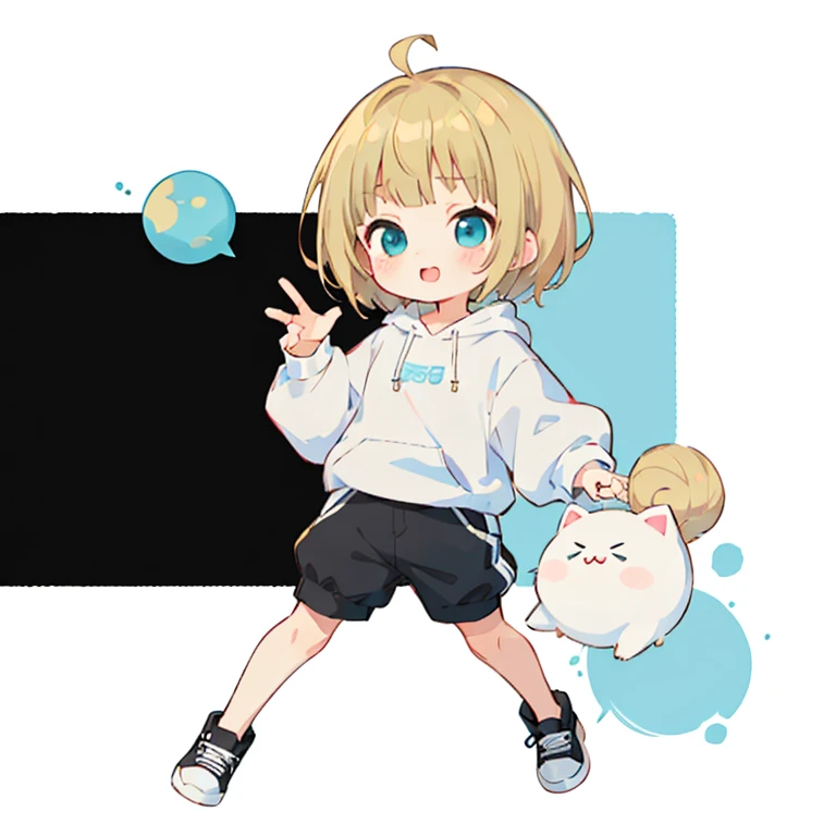 Momoko Sakura style, Kawaii Design, (((Many people々)))、The most beautiful girl of all time、Little, Blonde Hair、Short Mash Hair、The front hair is even、Turquoise Eyes、White hoodie、Black hot pants、Black sneakers、breast enhancement、I puff out my cheeks