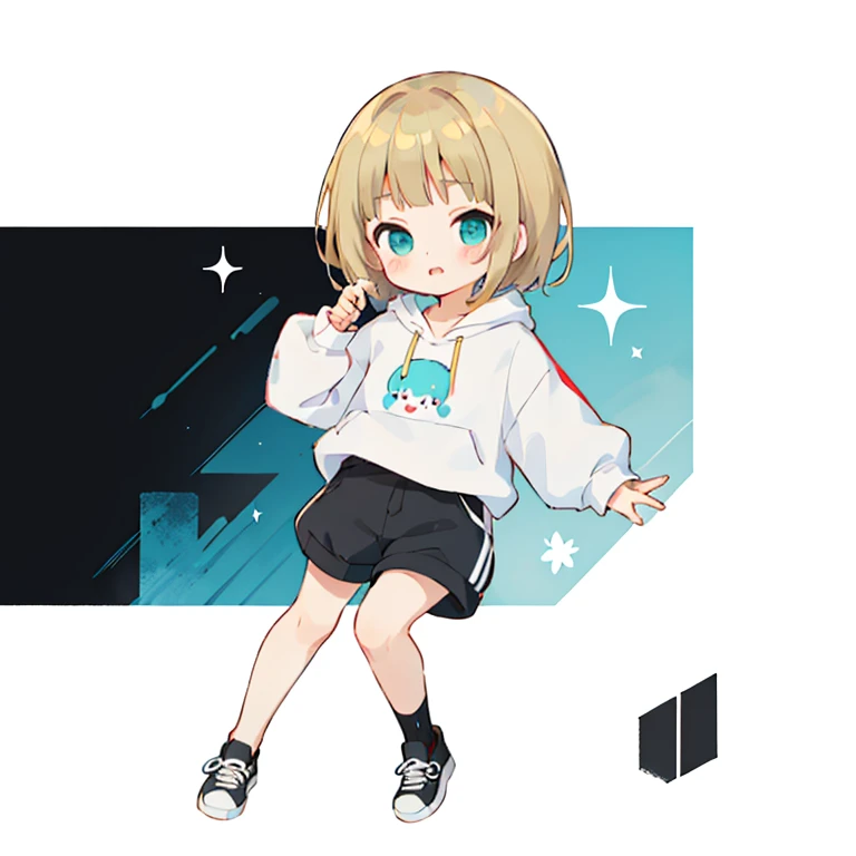 Momoko Sakura style, Kawaii Design, (((Many people々)))、The most beautiful girl of all time、Little, Blonde Hair、Short Mash Hair、The front hair is even、Turquoise Eyes、White hoodie、Black hot pants、Black sneakers、breast enhancement、I puff out my cheeks