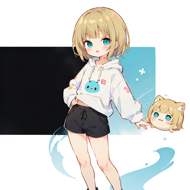 Momoko Sakura style, Kawaii Design, (((Many people々)))、The most beautiful girl of all time、Little, Blonde Hair、Short Mash Hair、The front hair is even、Turquoise Eyes、White hoodie、Black hot pants、Black sneakers、breast enhancement、I puff out my cheeks