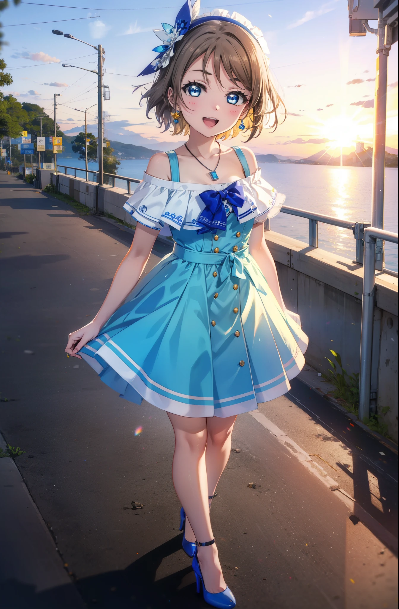 Yo Watanabe, Yu Watanabe, short hair, blue eyes, Brown Hair, smile, happy smile, smile, Open your mouth,Orange hair band,Rocket Pendant,Off-the-shoulder blue dress,Bare neck,Exposing shoulders,bare clavicle,blue long skirt,Cute stiletto heels,evening,sunset,walk,The sun goes down,whole bodyがイラストに入るように,Looking down from above,
break outdoors, Coastal Road,construction area,
break looking at viewer, whole body,
break (masterpiece:1.2), highest quality, High resolution, unity 8k wallpaper, (shape:0.8), (Beautiful details:1.6), Highly detailed face, Perfect lighting, Extremely detailed CG, (Perfect hands, Perfect Anatomy),