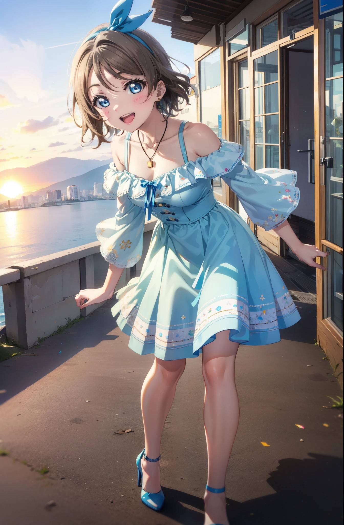 Yo Watanabe, Yu Watanabe, short hair, blue eyes, Brown Hair, smile, happy smile, smile, Open your mouth,Orange hair band,Rocket Pendant,Off-the-shoulder blue dress,Bare neck,Exposing shoulders,bare clavicle,blue long skirt,Cute stiletto heels,evening,sunset,walk,The sun goes down,whole bodyがイラストに入るように,Looking down from above,
break outdoors, Coastal Road,construction area,
break looking at viewer, whole body,
break (masterpiece:1.2), highest quality, High resolution, unity 8k wallpaper, (shape:0.8), (Beautiful details:1.6), Highly detailed face, Perfect lighting, Extremely detailed CG, (Perfect hands, Perfect Anatomy),