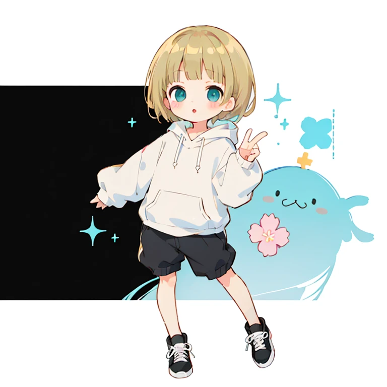 Momoko Sakura style, Kawaii Design, 、The most beautiful girl of all time、Little, Blonde Hair、Short Mash Hair、The front hair is even、Turquoise Eyes、White hoodie、Black hot pants、Black sneakers、