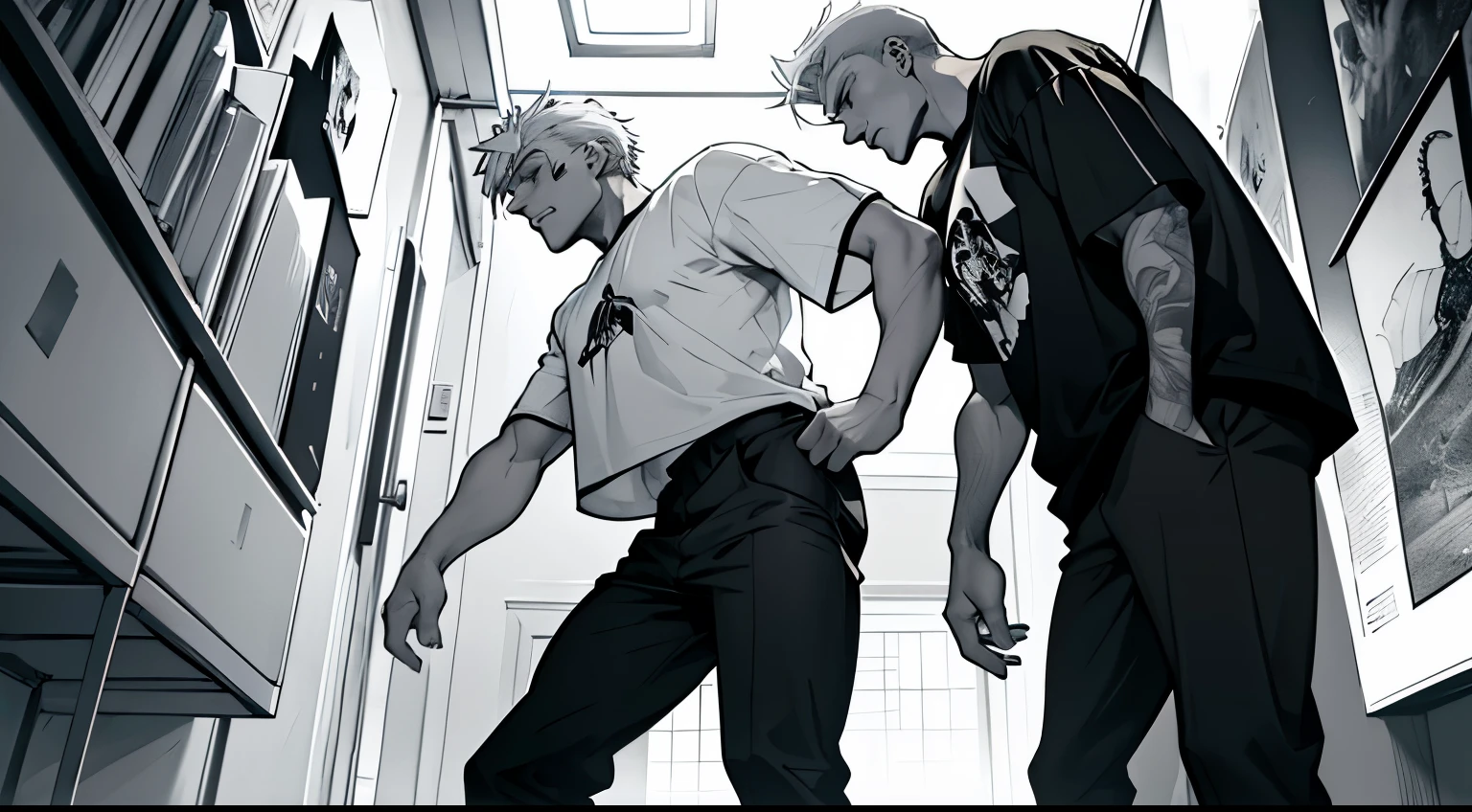 monochrome,masterpiece,illustration, best quality, best aathetic,male focus,Men grabbing each other's shoulders and arguing,two man,from side,white hair,standing,full body,20 years old,dynamic angle,t-shirt,