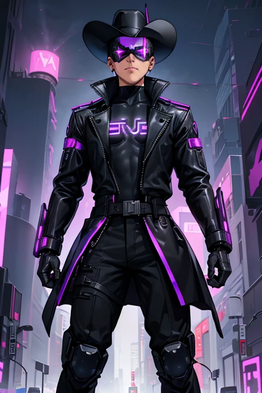 male, purple eyes, black hair, (((1boy))), (((black cyberpunk bodysuit))), (black trench coat), (black wide brimmed hat), (black cybernetic gauntlets), (black cybernetic boots), (black belt), (metal mask), long legs
