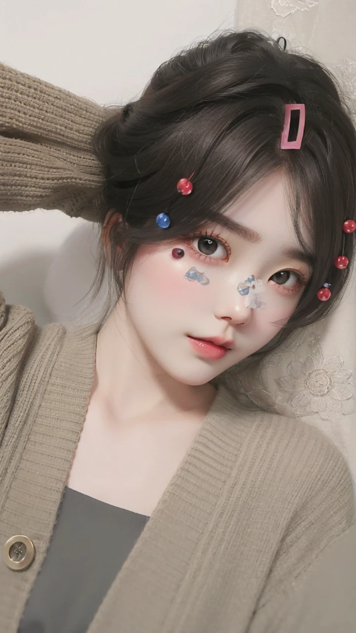 Girl, long brown hair, gray eyes, sharp features, white skin, cherry lips, sweater
