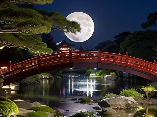 motion,(Japanese_garden:1.2), (bridge:1.2), (Midnight:1.3), (full moon:1.3),The big moon shines white
