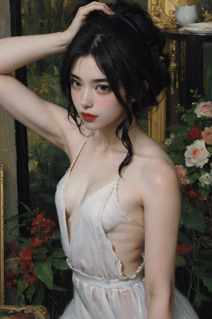 (masterpiece, top quality, best quality, official art, beautiful and aesthetic:1.2), Mono Color,weight,NSFW,Upper body,A nude malcolm liepke oil painting style,sexy women,detailed facial features,long flowing hair,alluring gaze,sensual lips,seductive curves,feminine beauty,colorful palette,expressive brushwork,romantic atmosphere,soft lighting,vibrant colors,sophisticated elegance,implied narrative,glimpse of vulnerability,playful confidence,dynamic poses,mysterious allure,subtle sensuality,stunning figure,oil on canvas,graceful movement,captivating charm,artistic composition,provocative allure,evocative expressions,dramatic contrast,delicate details,total mastery of paint,impressionistic rendering,passionate intensity,alluring gaze,irresistible magnetism,sublime elegance,richly textured,visual poetry,ethereal beauty,unforgettable impact