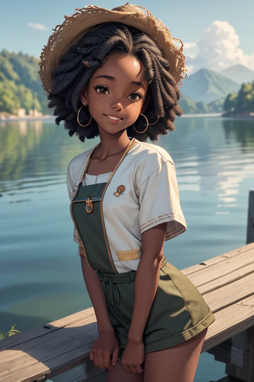 (masterpiece, best quality), deep ebony 1girl, beautiful face, short Afro braids , cute, street clothing, beautify, Lofi vibe,, cute night vibe, concentrated, sitting, hands outside of the picture, exploring a cave, Lara Croft cosplay, white shirt, brown trousers, looking confident not sexy, cute look, clothing is dry and baggy, 
