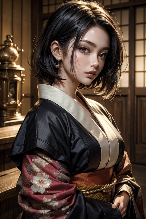 ((top-quality、​masterpiece:1.3))、sharp:1.2、Perfect Body Beauty:1.4、((Layered hairstyle))、(Kimono:1.1)、(shrines:1.2)、Highly detailed facial and skin texture、Detailed eye、double eyelid、((short-length hair))、boyish、Cool、((unisex))、big eye、bangss、((One Woman))、Black eyes、tying  hair、hair adornments、