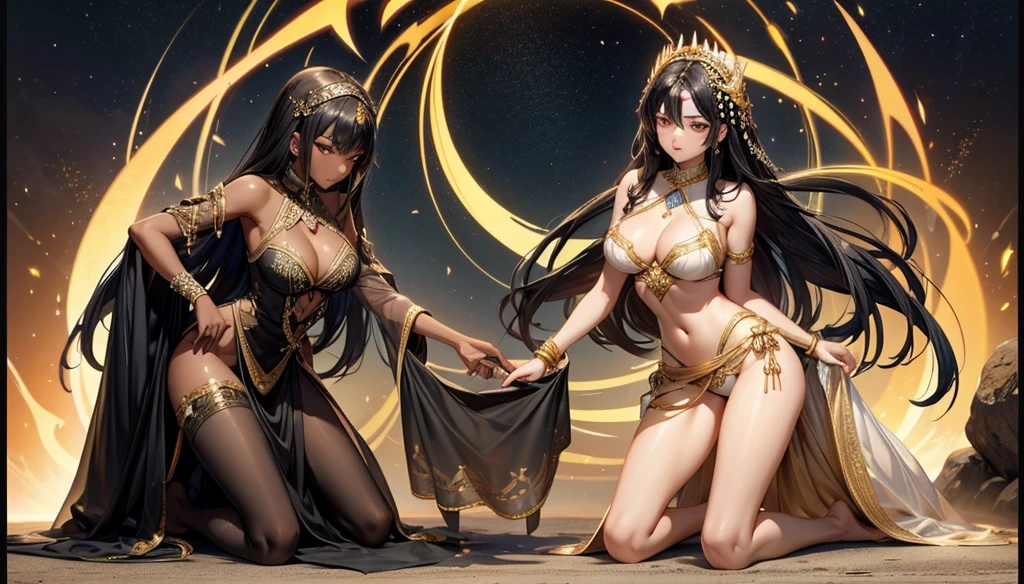 Beauty with straight black hair and dark skin,Close eyes,persian clothing,cleavage,thong,Transparent long skirt,,barefoot,kneel,valley