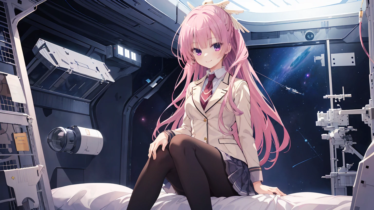 A girl，solo，Pink long hair，happy，Smile，Medium long hair，Dissemination，kikka academy uniform, pantyhose, highres, absurdres,Inside the spacecraft，on the bed，Glass Windows，Space background, Anime style 4k，mitsukasa ayase、Character-centered