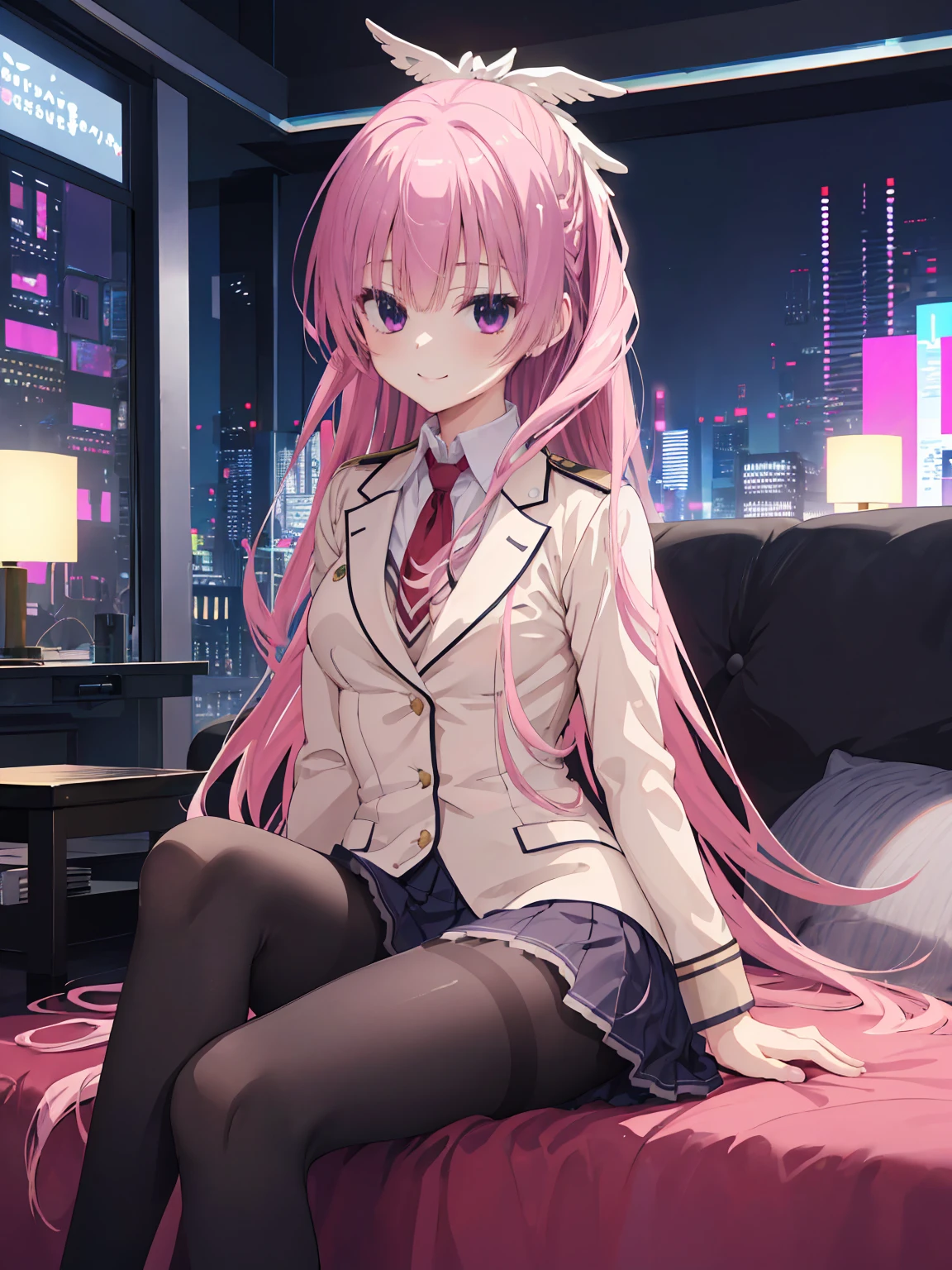 A girl，solo，Pink long hair，happy，Smile，Medium long hair，Dissemination，kikka academy uniform, pantyhose, highres, absurdres，Black underwear,City background，Cyberpunk, Anime style 4k, Sitting on the sofa，indoors，In the bedroom，mitsukasa ayase、Character-centered