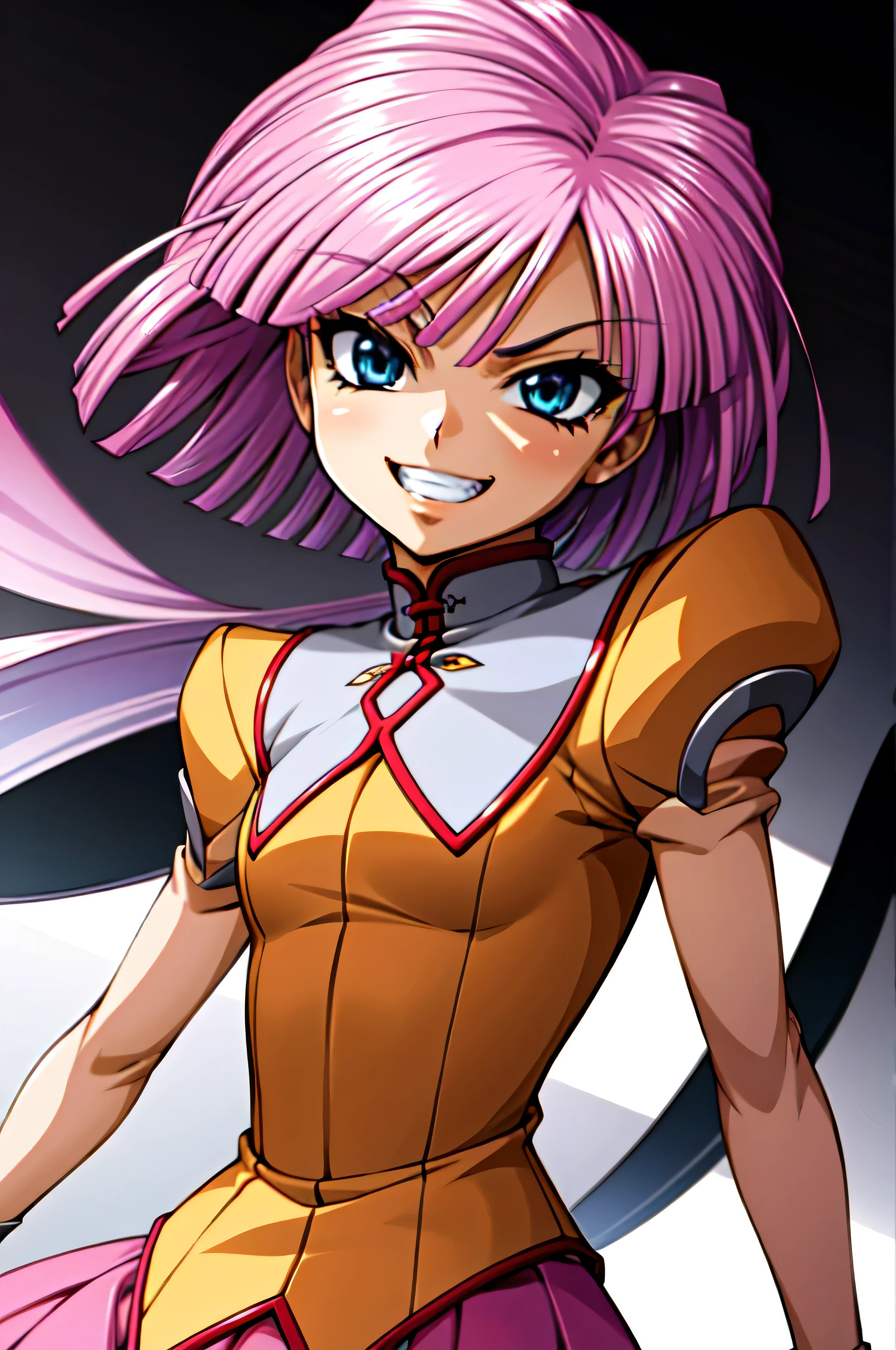 (best_quality 4K, 8K, High resolution, Masterpiece: 1.2), ultra detailed),from_below,(anime_screencap),(1girl,solo),dynamic_angle,very evil_smile,very evil laugh at,tis,shadeded_face,very sadistic,smile worst,,bob short  hair,,black and pink background,