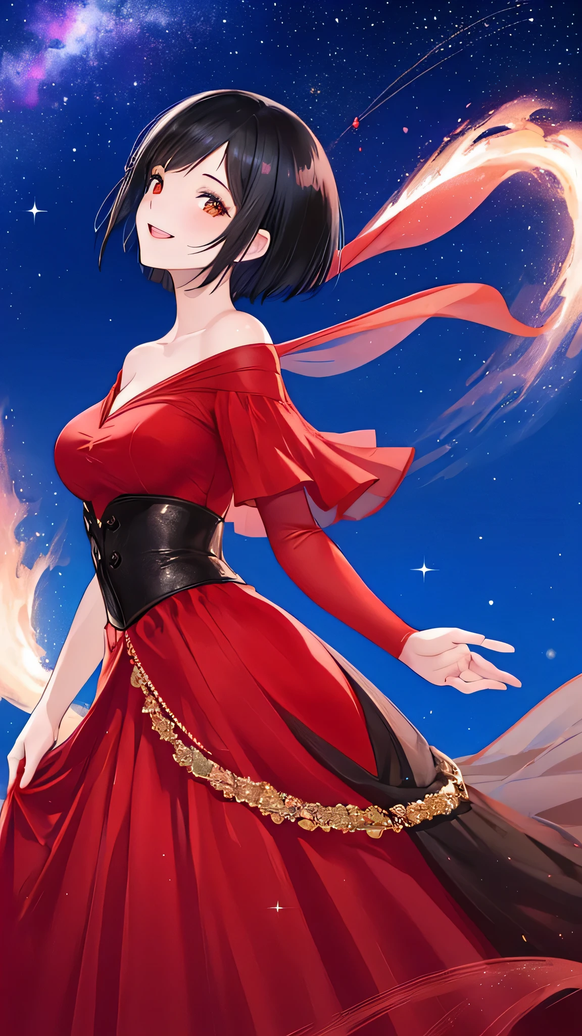 A 20-something woman with short black hair, wearing a red wedding dress, standing under a starry sky. She is looking up with a happy expression, exuding a cool and composed demeanor. The scene features a beautiful and fantastical night sky filled with sparkling stars, creating a dreamy atmosphere. The perspective is from a distance, capturing the entire scene.