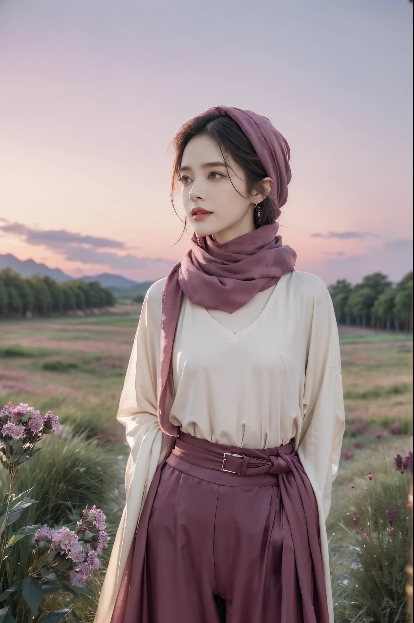 (Extremely meticulous CG),(((8k))),wallpaper,((Extremely refined and beautiful)),(((Masterpiece))),(((best qualtiy))),(((Ultra High Resolution))),beautiful light up,realistic shaded,(Smooth and flawless fair skin:1.5),(Extremely exquisite facial details:1.2),(ultra-detailed:1.5),((A beautiful Uyghur girl,solo)),(pink headscarf:1.3),(short dreadlocks:1.2),(small head:1.2),(slender face:1.2),(Exquisite makeup:1.3),(happy:1.2),(laughing:1.2),(yashmak on face:1.3),(perfect body:1.1),(maxi magenta abaya:1.3),(small breasts:1.2),(flat chest:1.2),(pants:1.3),((slim,thin)),(from front:1.3),(standing:1.3),(arms behind back:1.2),(On the verdant grassland full of colorful flowers:1.5),(many colors:1.5),(cattles and sheeps:1.2),(boreal forest:1.2),(distant snowy mountains:1.2),(pink sky:1.2),(detailed background:1.3),(outdoor:1.3),(early summer:1.3),(night scene:1.5),(magenta aurora:1.3),(upper body:1.3)