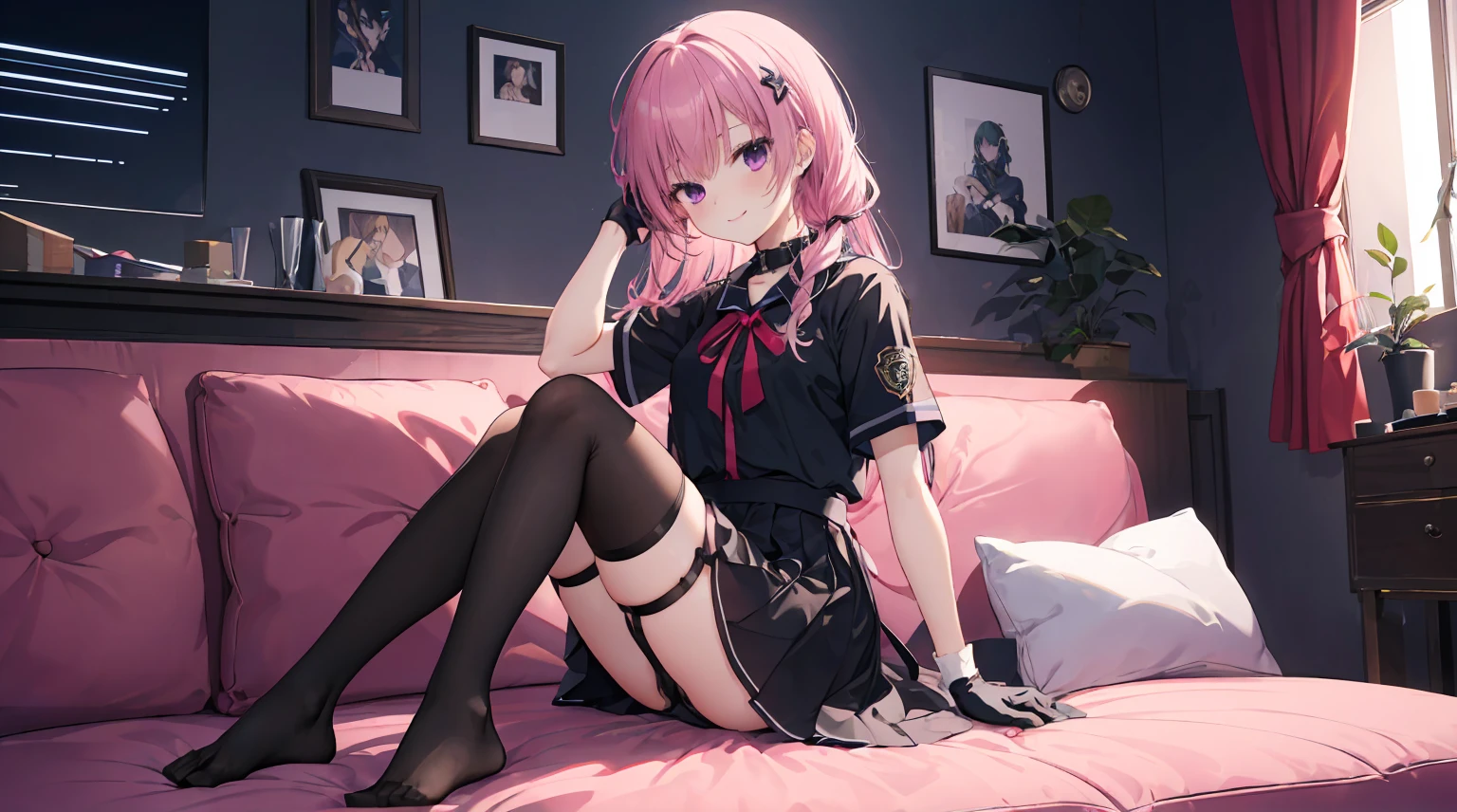 A girl,Solitary,Pink long hair,Moderate,Smile,Medium-length hair,Messy hair,Short sleeve,Short sleeve游戏服,Black skirt,Black gloves,Cyberpunk Characters,night, Anime style 4K, Sitting on the sofa,indoors,In the bedroom,Black stockings,black garter straps,No shoes,mitsukasa ayase、character-centered