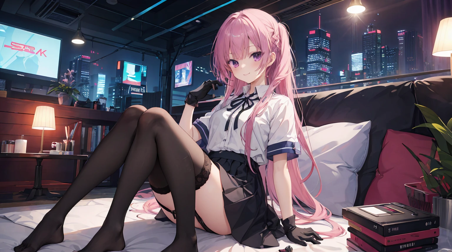 A girl,Solitary,Pink long hair,Moderate,Smile,Medium-length hair,Messy hair,Short sleeve,Short sleeve游戏服,Black skirt,Black gloves,Cyberpunk Characters,night, Anime style 4K, Sitting on the sofa,indoors,In the bedroom,Black stockings,black garter straps,No shoes,mitsukasa ayase、character-centered