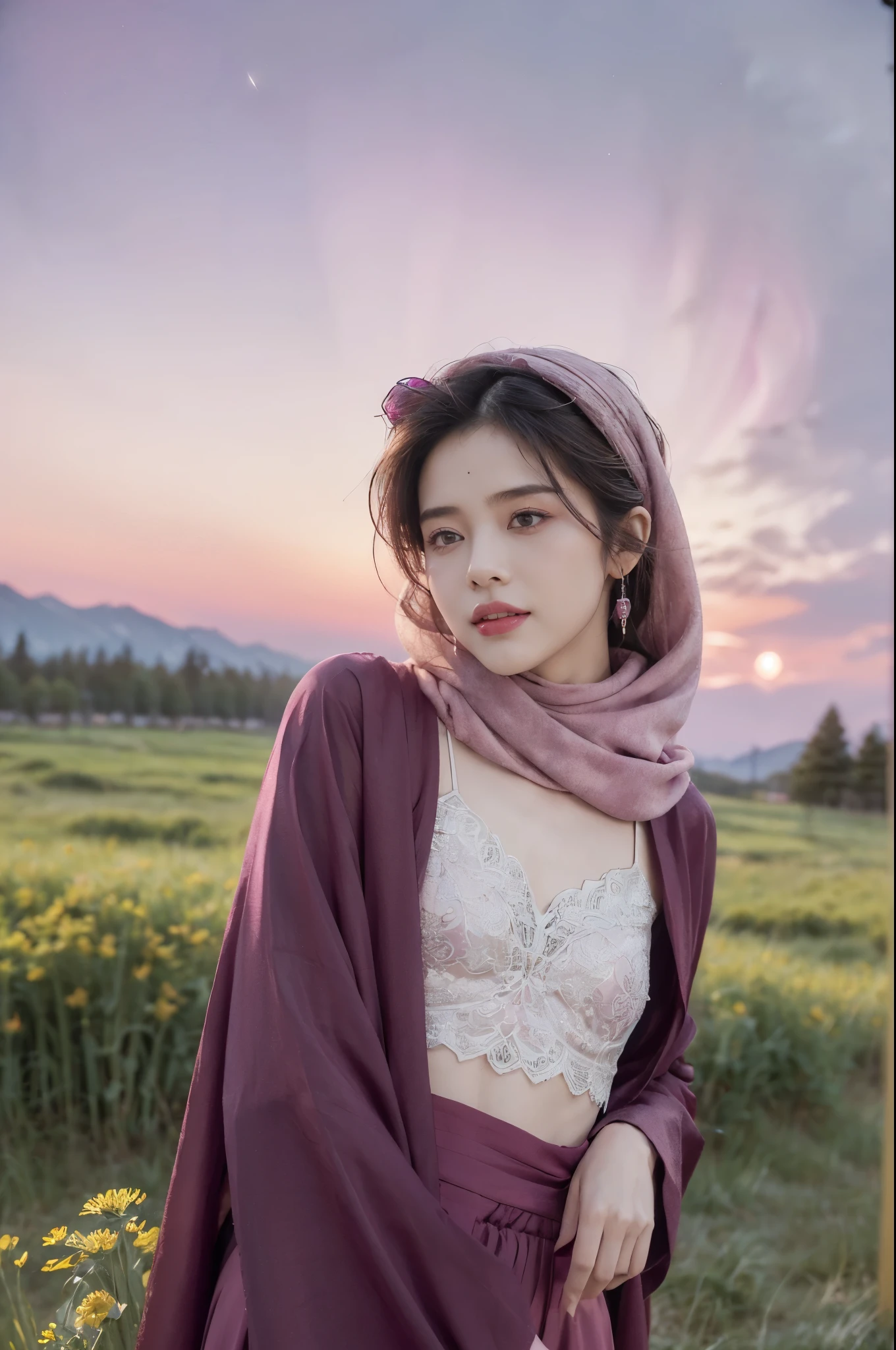 (Extremely meticulous CG),(((8k))),wallpaper,((Extremely refined and beautiful)),(((Masterpiece))),(((best qualtiy))),(((Ultra High Resolution))),beautiful light up,realistic shaded,(Smooth and flawless fair skin:1.5),(Extremely exquisite facial details:1.2),(ultra-detailed:1.5),((A beautiful Uyghur girl,solo)),(pink headscarf:1.3),(short dreadlocks:1.2),(small head:1.2),(slender face:1.2),(Exquisite makeup:1.3),(happy:1.2),(laughing:1.2),(yashmak on face:1.3),(perfect body:1.1),(maxi magenta abaya:1.3),(small breasts:1.2),(flat chest:1.2),(pants:1.3),((slim,thin)),(from front:1.3),(standing:1.3),(arms behind back:1.2),(On the verdant grassland full of colorful flowers:1.5),(many colors:1.5),(cattles and sheeps:1.2),(boreal forest:1.2),(distant snowy mountains:1.2),(pink sky:1.2),(detailed background:1.3),(outdoor:1.3),(early summer:1.3),(night scene:1.5),(magenta aurora:1.3),(upper body:1.3)