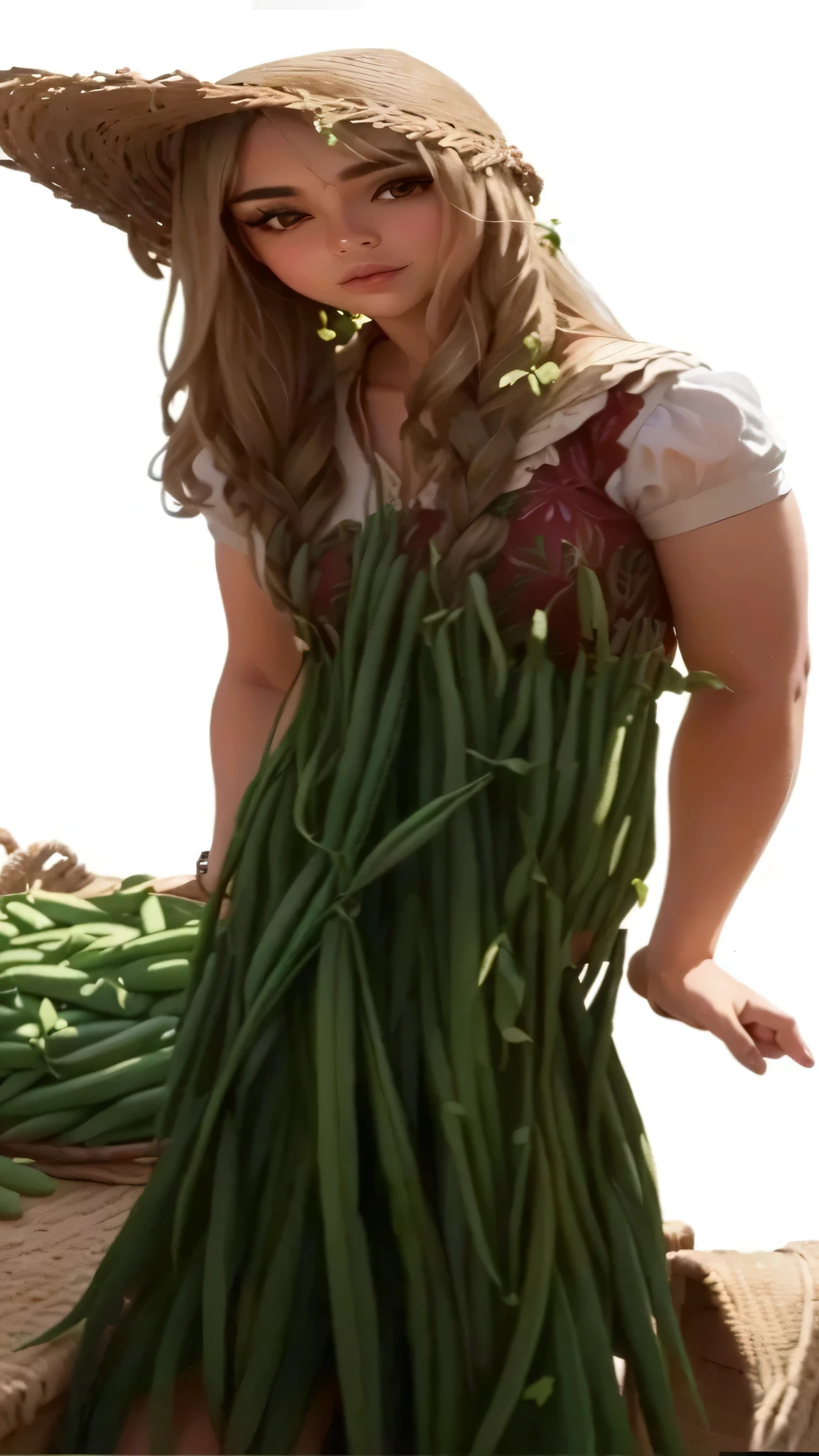 Arafa woman holding a bunch of green beans in front of a table, mulher feita de plantas, usando um vestido feito de videiras, Selena Gomez feita de aipo, caules, flowers and caules, flores crescem do corpo, carregando flores, rampas, fleshy botanist, coberto de plantas, muito longo, fechar foto de meio corpo, folhagem vegetal