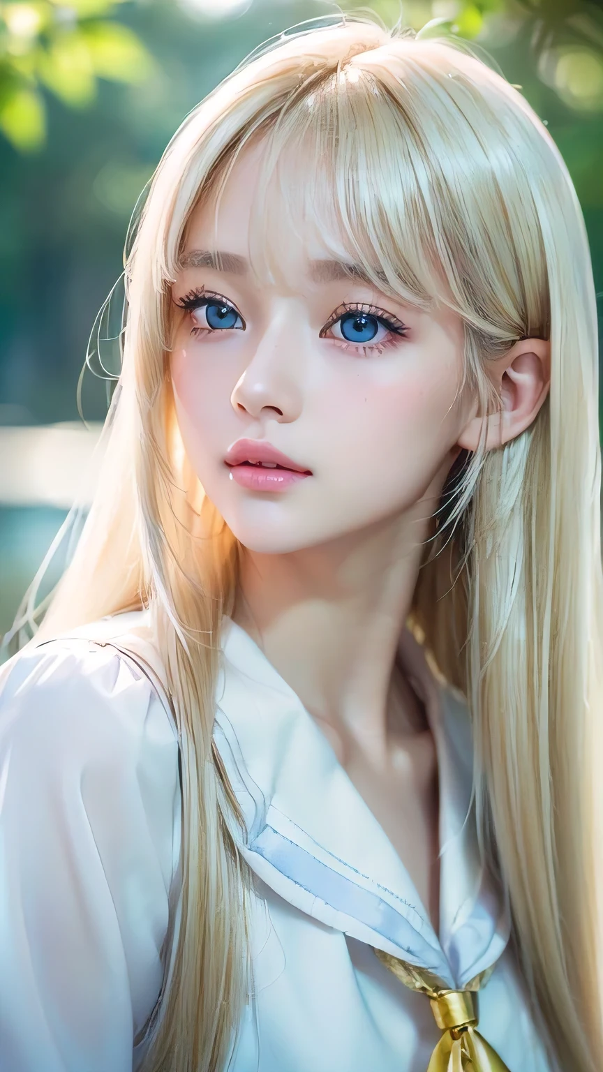 RAW Photos、((((Extremely beautiful portrait)))、(((Bright and fair skin))、1 girl、、Sailor suit、A 15-year-old pretty, bright, natural platinum blonde beauty.、((Gorgeous, natural, bright white platinum blonde))、Super long straight hair、Beautiful Bangs、[Attractive large bright blue eyes]、Smooth, thin and super long hair、Eyeliner、Hair between the eyes、smile、((masterpiece、最high quality、Ultra Detail、Film Light、Intricate details、High resolution、8k、Very detailed))、Detailed Background、8k UHD、Digital SLR、Soft Light、high quality、Film Grain、Fujifilm XT3、Shallow depth of field、Natural light、(Perfect hands)、Perfect beautiful face、Small Face Beauty、round face、Cheek gloss highlighter