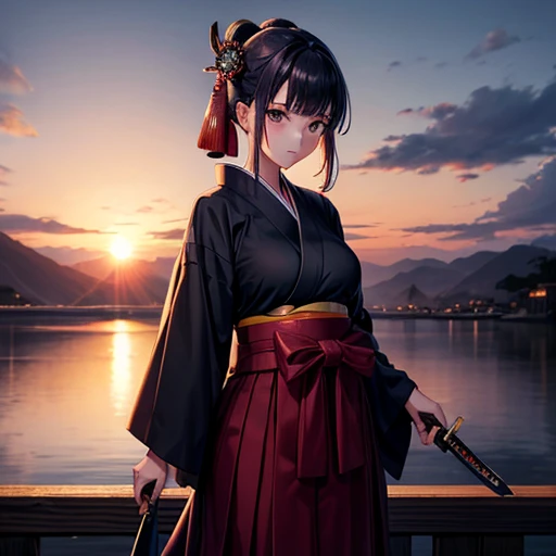 anime,beautiful,girl,samurai、knife、Hakama with slits、Slightly larger breasts、Sunset、