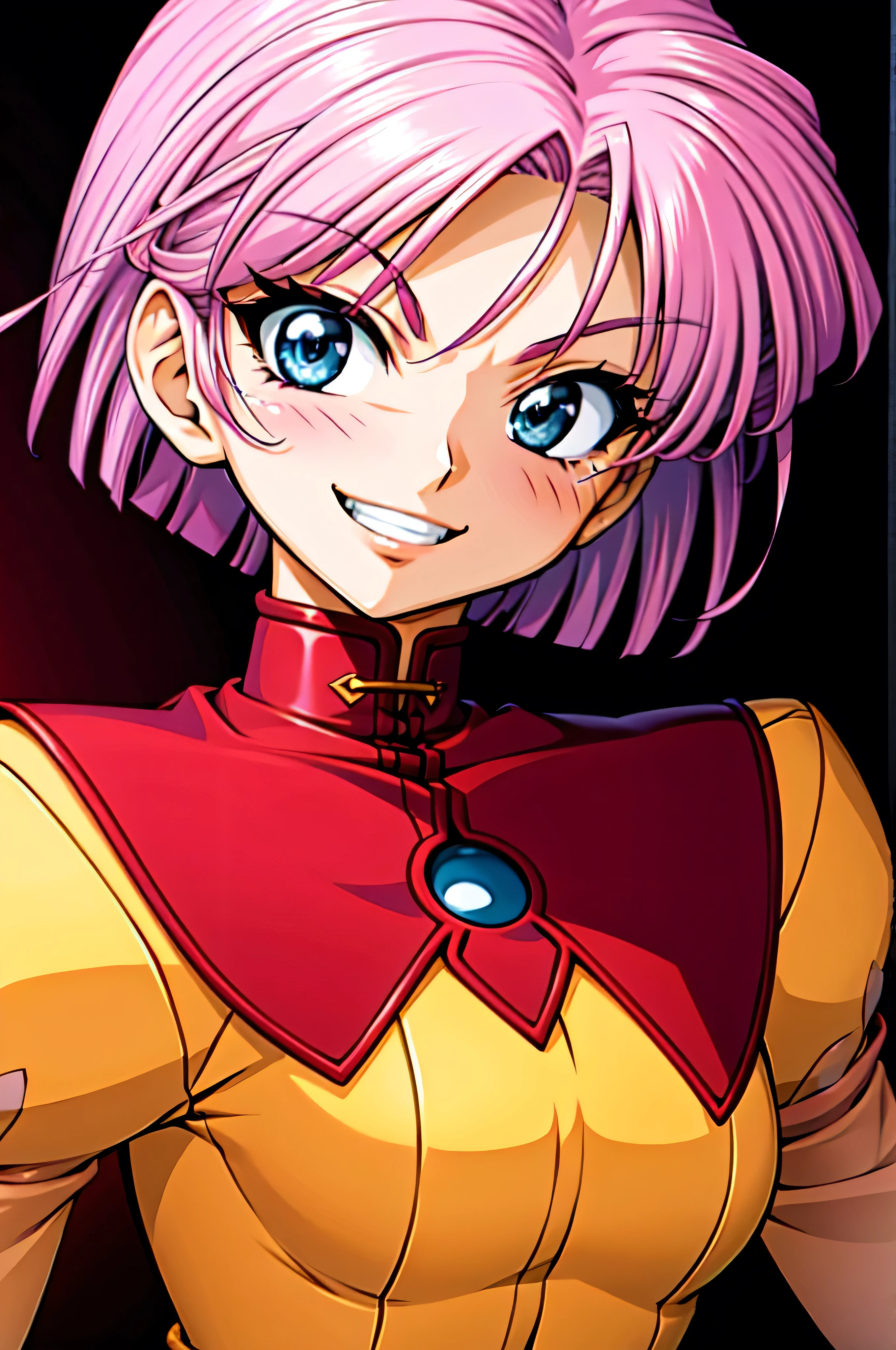 (best_quality 4K, 8K, High resolution, Masterpiece: 1.2), ultra detailed),from_below,(anime_screencap),(1girl,solo),dynamic_angle,very evil_smile,very evil laugh at,tis,shadeded_face,very sadistic,smile worst,,bob short hair,,black and pink background,
