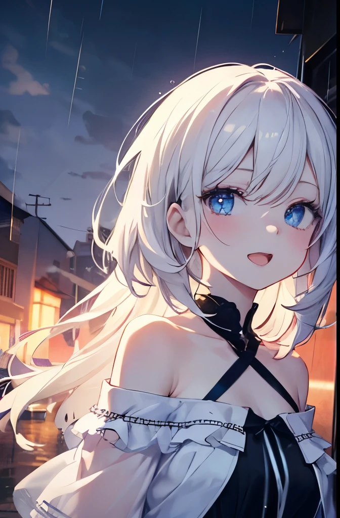Masutepiece, Highest Quality, (Perfect face:1.1), (high detailing:1.1), (ultradetailed eyes), Dramatic,superfine illustration,Extremely detailed,1girl in,ager,(pale skin),(long white hair),Ethereal eyes,Blue eyes, With eyes highlights,Solo,Smile,Happy,Laugh,Enjoy, Open mouth,Pouty lips,Cinematic lighting, Cowboy Shot,whitedress, off shoulder,outdoor,rainy, hydrangea