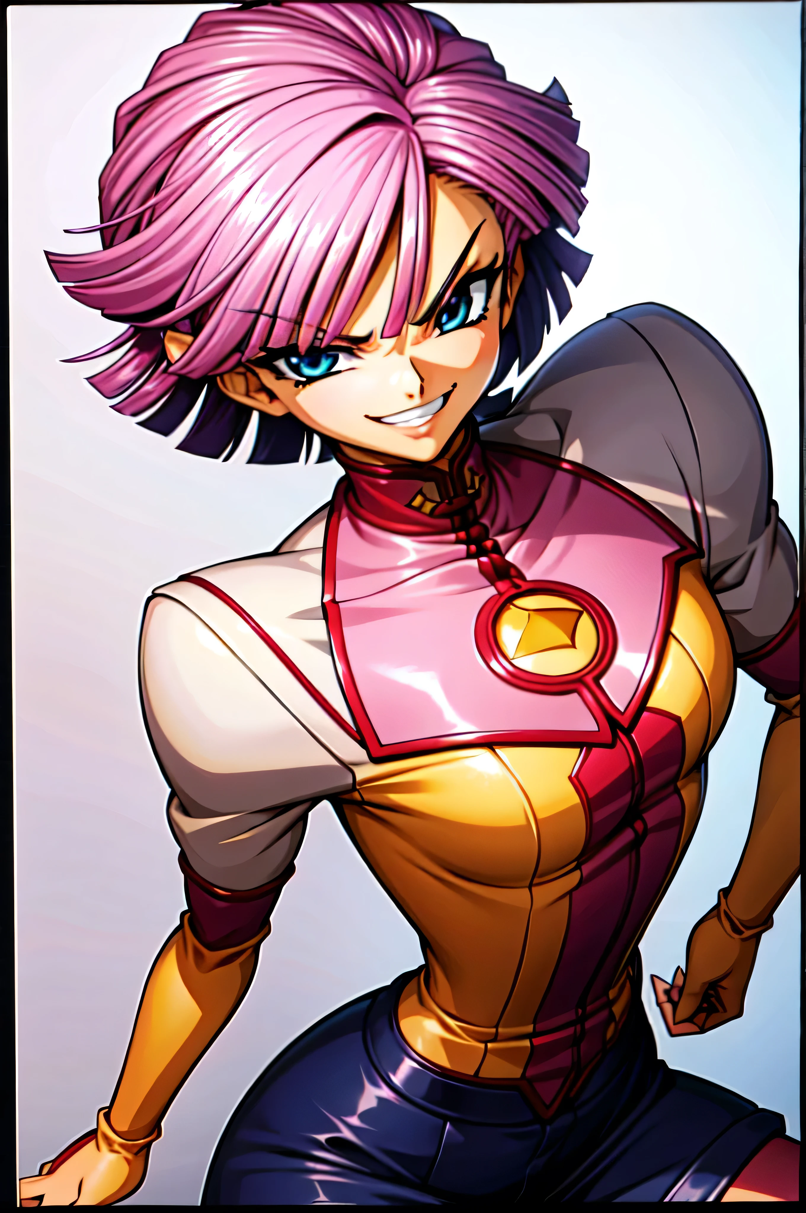 (best_quality 4K, 8K, High resolution, Masterpiece: 1.2), ultra detailed),from_below,(anime_screencap),(1girl,solo),dynamic_angle,very evil_smile,very evil laugh at,tis,shadeded_face,very sadistic,smile bad,,bob short hair,,black and pink background,
