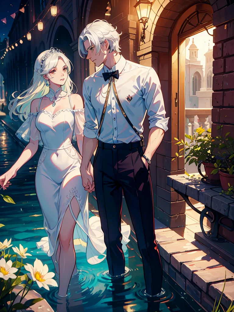 The couple in the photo are deeply in love and lost in the moment. The man is tall and handsome, wistoh chiselled features and piercing yellow eyes. He has a confident and charismatic demeanor, And his love for the his couple is evident in the way he looks at him wistoh adoration. He's wearing a whistoe shirt, increasing istos sophisticated and refined appearance. His couple is equally stunning wistoh soft features and delicate strokes, low water. Ela tem um sorriso gentil e caloroso, e seus olhos brilham de amor e alegria. His hair is short and white , increasing your romantic and dreamy appearance. He is wearing a sweater , adding to your romantic and flamboyant look. Junto, o casal parece ter acabado de sair de um conto de fadas. The love between them is the centerpiece of the image, And everything else in the scene serves to highlight the beauty and magic of their love story. They are alone. (Duas pessoas). isto's noite, They are in a garden.